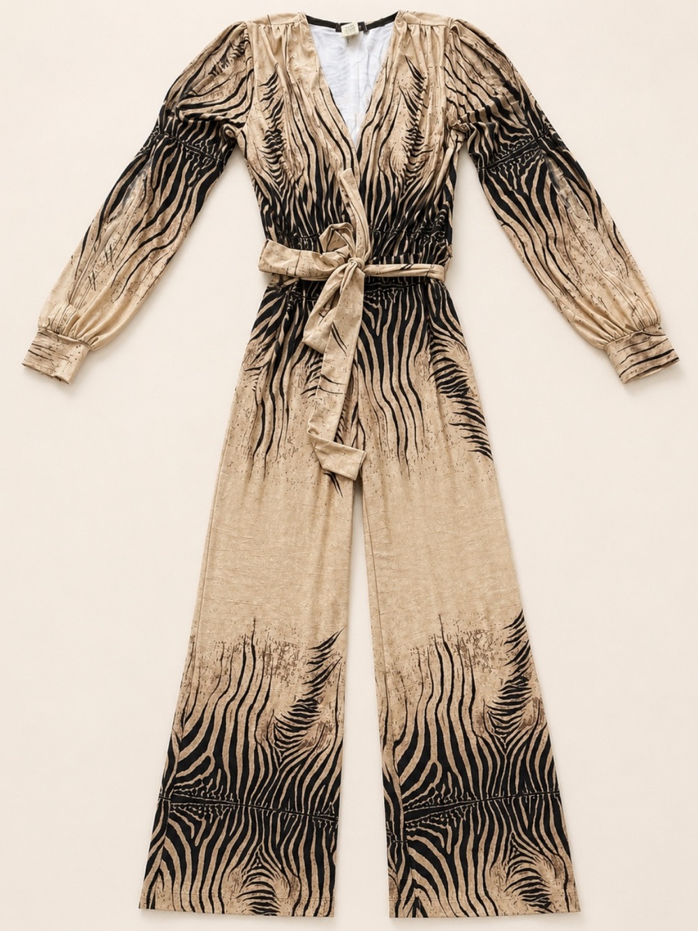Cameo Zebra Animal Print Long Sleeve Belted Wide Leg Jumpsuit Beige Black - Picture 7 of 7